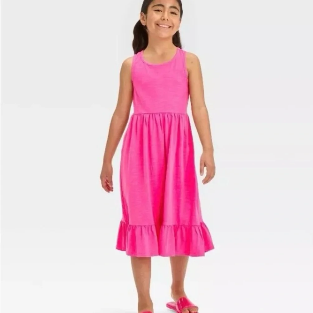 Size 10/12 Neon Pink Girl’s Knit Maxi Dress Sleeveless  side pockets
